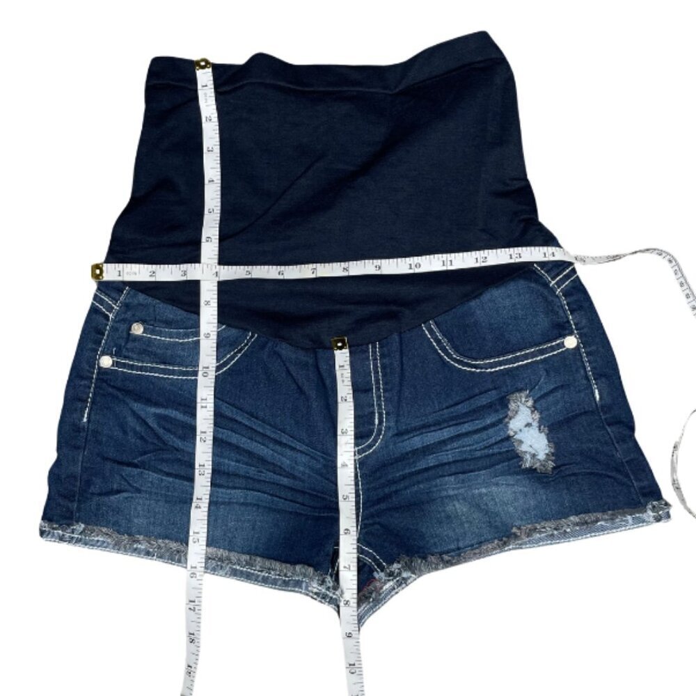 BELLA VIDA Soft Girl Lace Hem Maternity Denim Shorts Distressed Dark Wash S - Picture 6 of 8